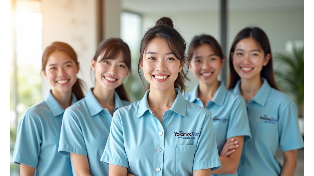 모닝듀 청정 청소 전문 팀의 밝은 모습, 깨끗한 강남의 건물 배경