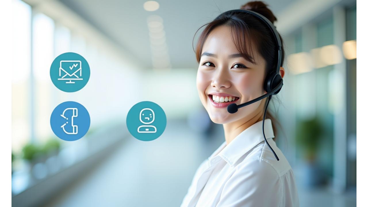 다양한 연락 수단이 아이콘화 된 모습과 친절한 상담원의 이미지
