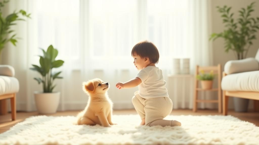 아이와 반려동물이 안전하게 뛰어노는 거실 바닥에 친환경 세제와 식물 이미지가 함께 보이는 모습