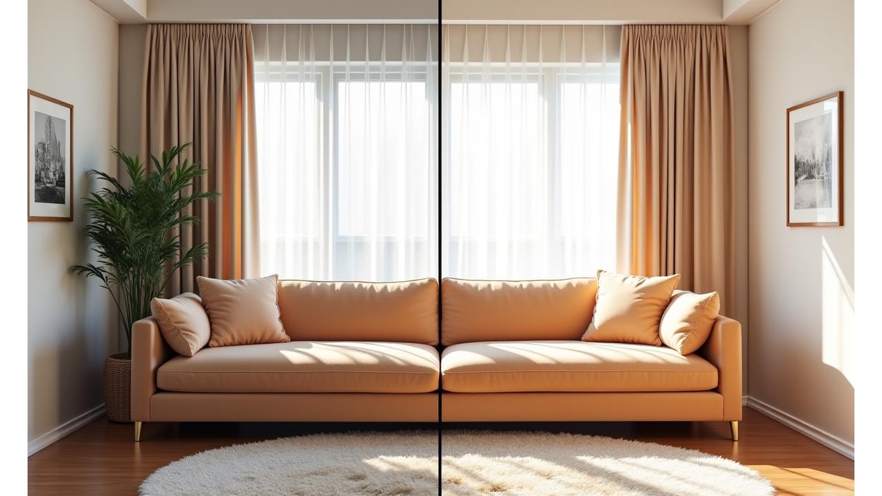 새것처럼 깨끗해진 고급 소파와 커튼이 있는 거실의 전후 비교 이미지