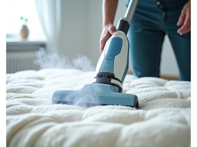 전문 청소 장비로 매트리스를 스팀 청소하는 모습