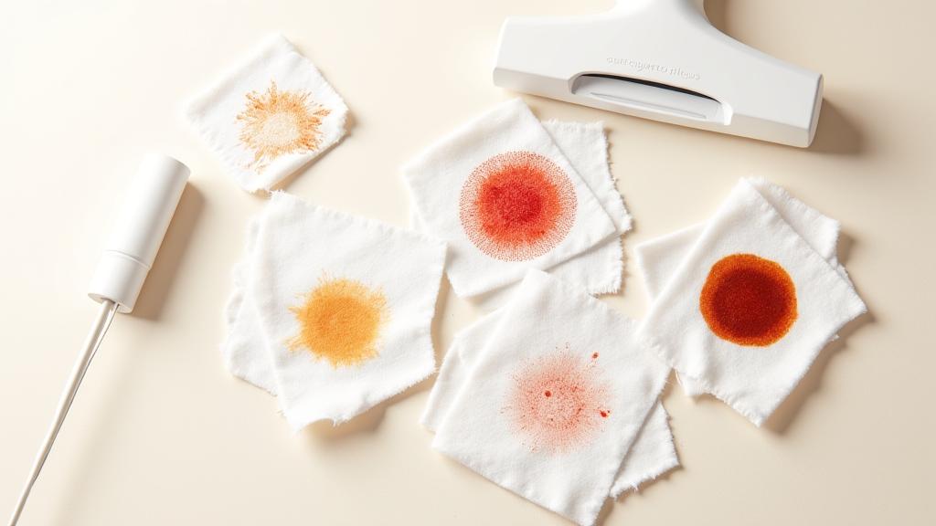 다양한 얼룩이 묻은 소파 천 조각들 옆에 전문 세정 도구와 깨끗해진 천이 놓여있는 모습