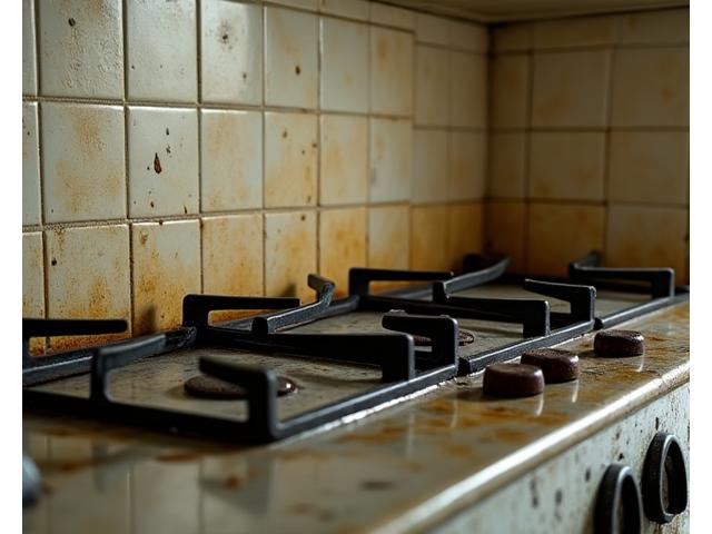 오염된 주방 가스레인지와 후드