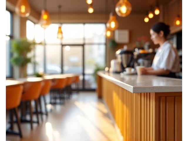 모던하고 아늑한 카페 내부, 음료를 제조하는 바리스타와 앉아서 휴식을 취하는 고객들