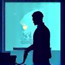 밤늦은 시간에 사무실에서 작업 중인 청소 전문가의 실루엣 아이콘