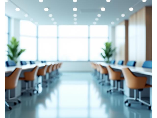 깔끔하게 정돈된 사무실 내부, 회의실과 개별 좌석이 보이는 전경