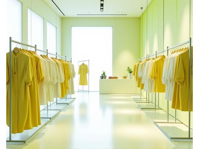 밝고 현대적인 인테리어의 의류 매장 내부, 옷들이 정돈된 진열대와 계산대