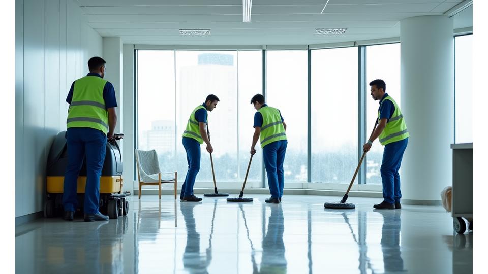 현장에서 효율적으로 작업하는 청소 전문가들