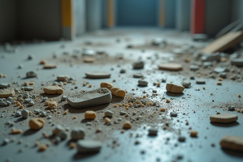 공사 후 쌓인 날카로운 파편과 먼지로 어수선한 현장 바닥