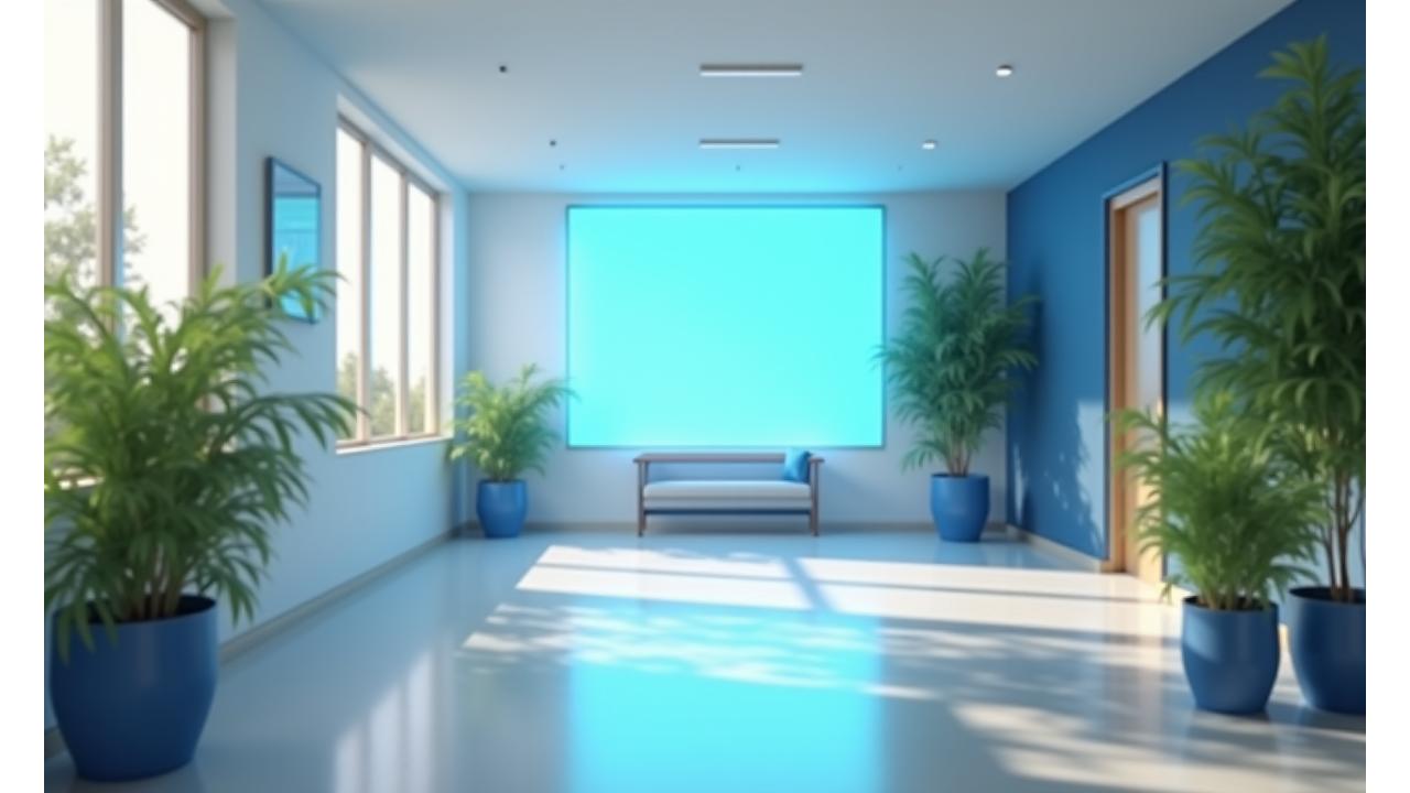 하이테크 감성의 UV-C 소독 장비와 함께 깨끗하게 소독된 실내를 강조하는 이미지