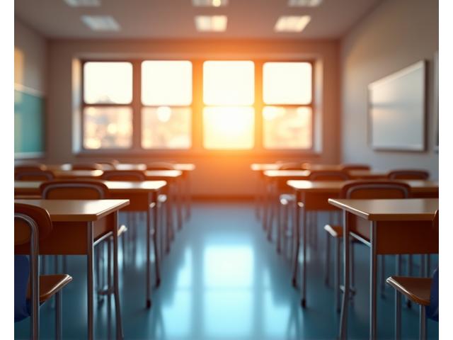 UV-C 소독 장비가 빈 교실을 소독하는 모습