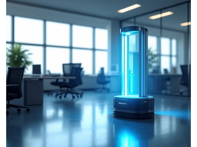 UV-C 소독 장비가 현대적인 사무실을 소독하는 모습