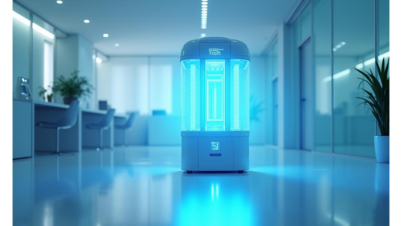 최첨단 UV-C 로봇이 푸른빛을 발산하며 실내를 소독하는 모습